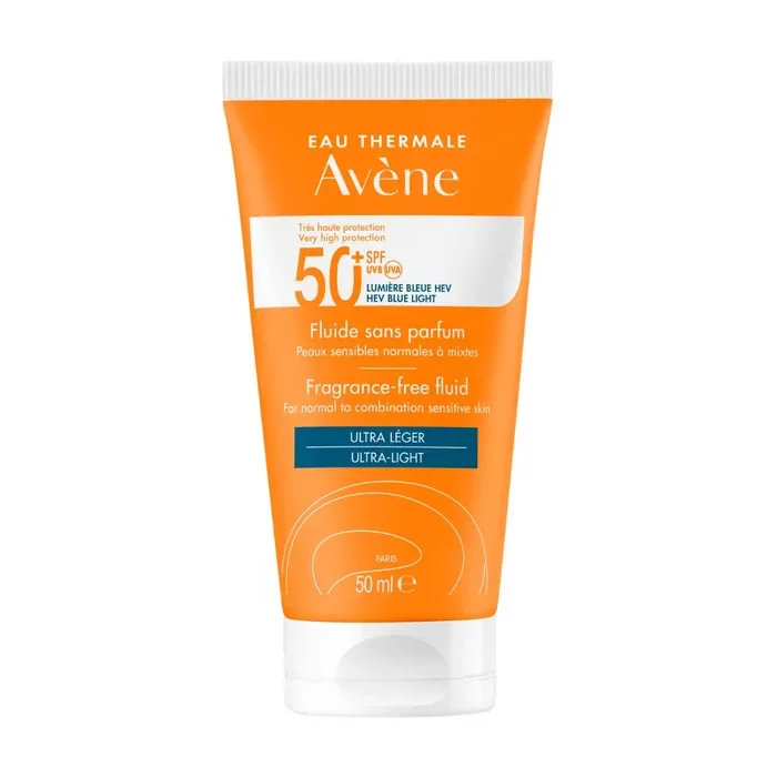 Avene SOLAIRE – Fluide SPF50+ Sans Parfum – Visage – Peaux Sensibles Normales à Mixtes, 50ml