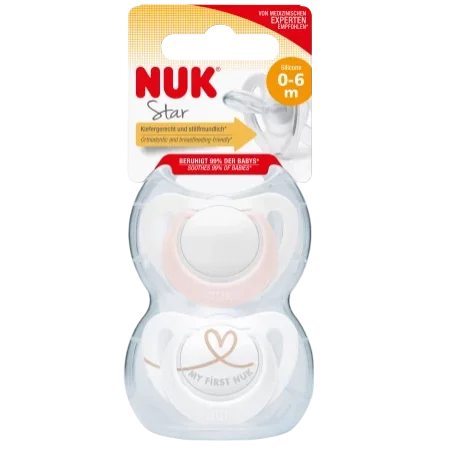 NUK Sucette en Silicone Starlight Age 0 à 6 mois 2 pièces (Rose/Blanc)