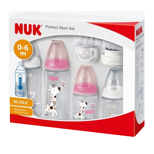NUK Kit First Choice Plus Perfect Start PP avec Contrôle Température Age 0 à 6 mois/ 6 -18 mois (Rose/Blanc)