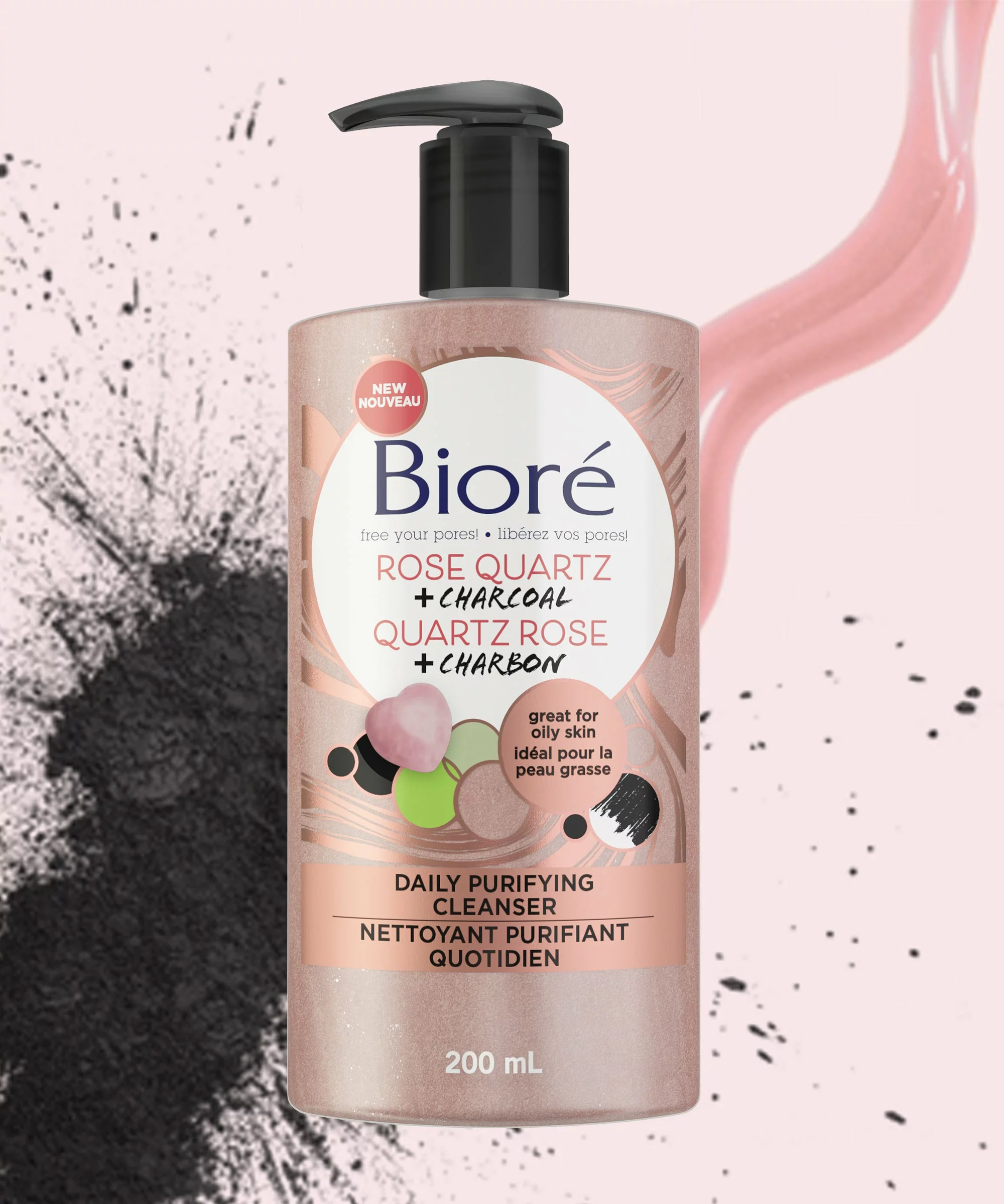 Biore Nettoyant Purifiant Quotidien Au Quartz Rose & Charbon Pour Peaux Grasses 200 ml