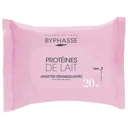 BYPHASSE Lingettes démaquillantes protéines de lait tous types de peaux 20u.