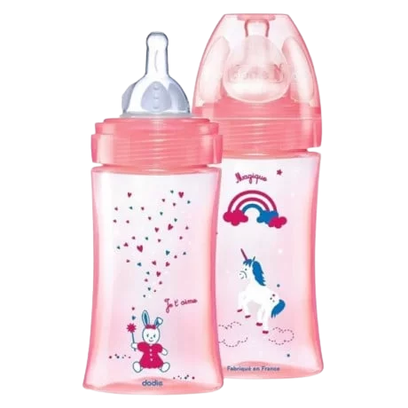 Dodie Biberon Initiation+ Anti-Coliques 3 Vitesses +0m Rose Licorne Lot de 2 x 270ml