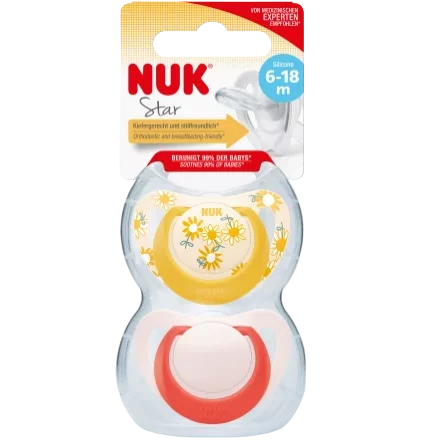 NUK Sucette en Silicone Age : 6 à 18 mois – 2 pièces (Jaune/Rouge)