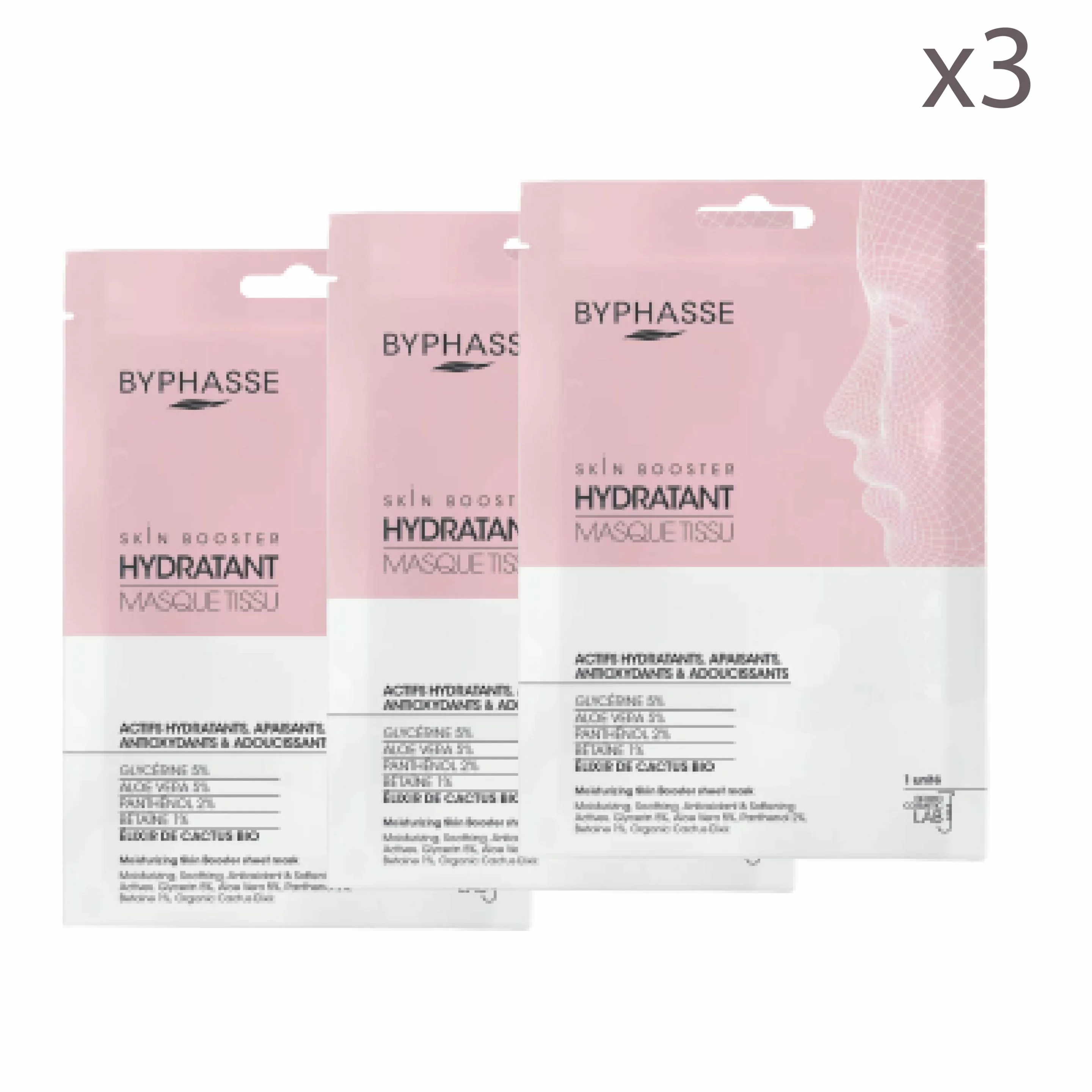 Byphasse Masque Tissu Skin Booster Hydratant 3 Pièces